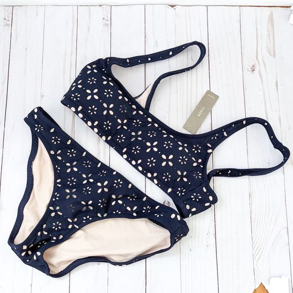 J Crew Scoop Laser Cut Eyelet Bikini Set Navy Blue NWT - Picture 2 of 9